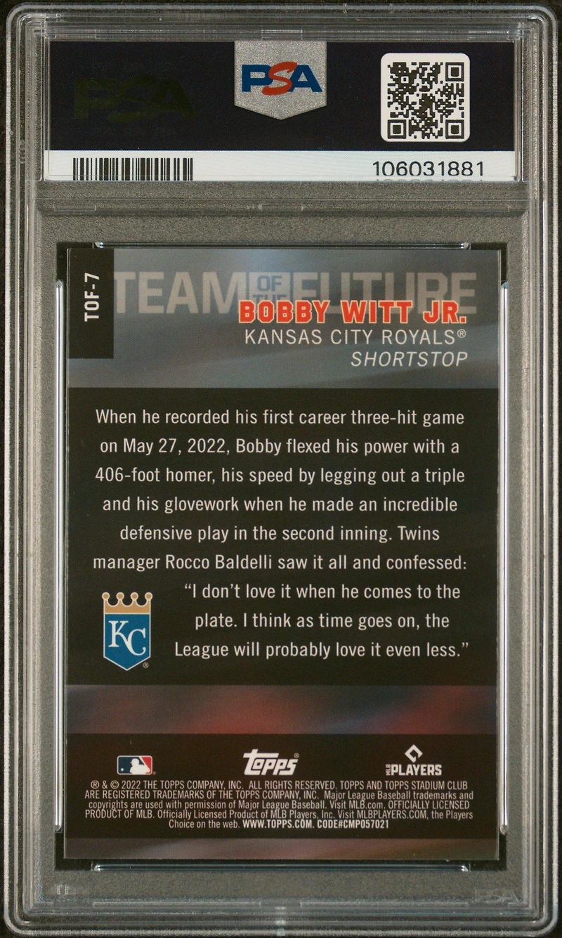 2022 Topps Stadium Club Chrome Team Of The Future Tof7 Bobby Witt Jr. PSA 10