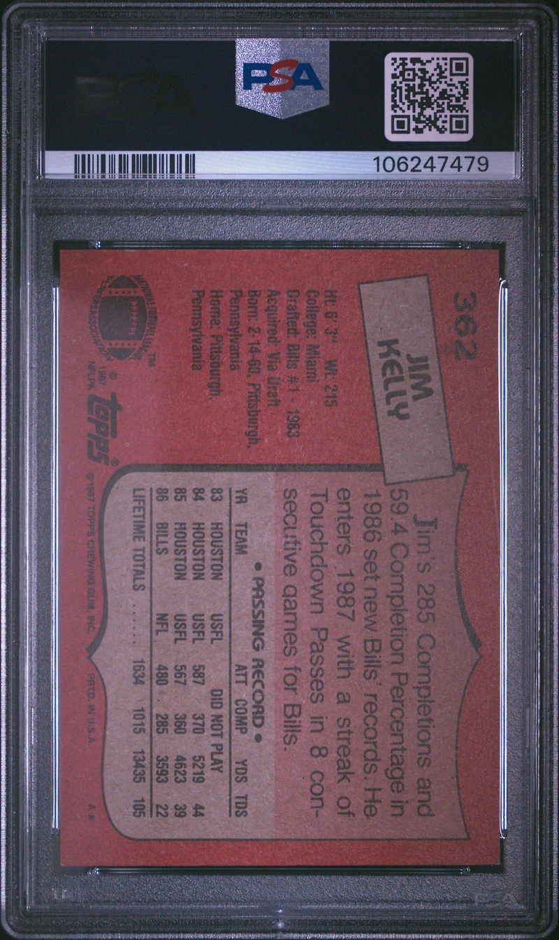 1987 Topps 362 Jim Kelly PSA
