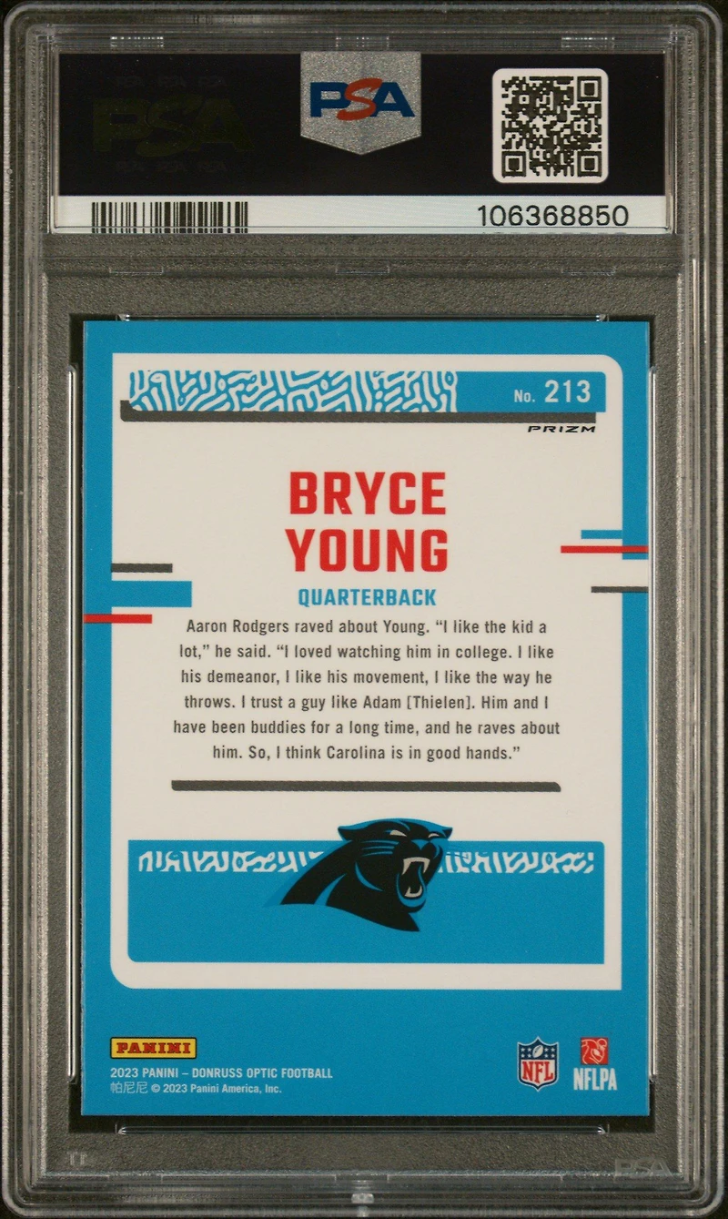 2023 Panini Donruss Optic 213 Bryce Young Purple Shock PSA 9