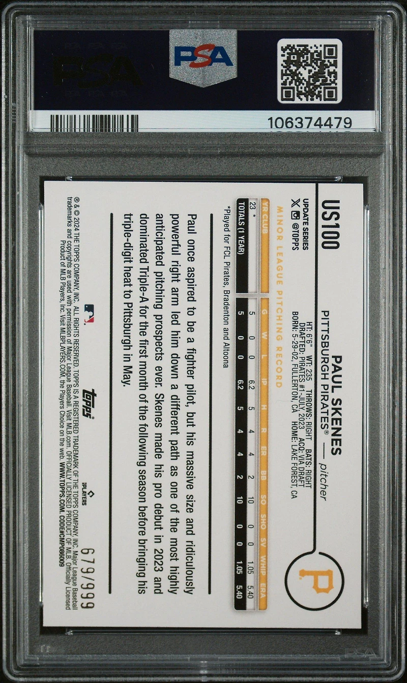 2024 Topps Update Us100 Paul Skenes Blue Holo Foilboard PSA 10
