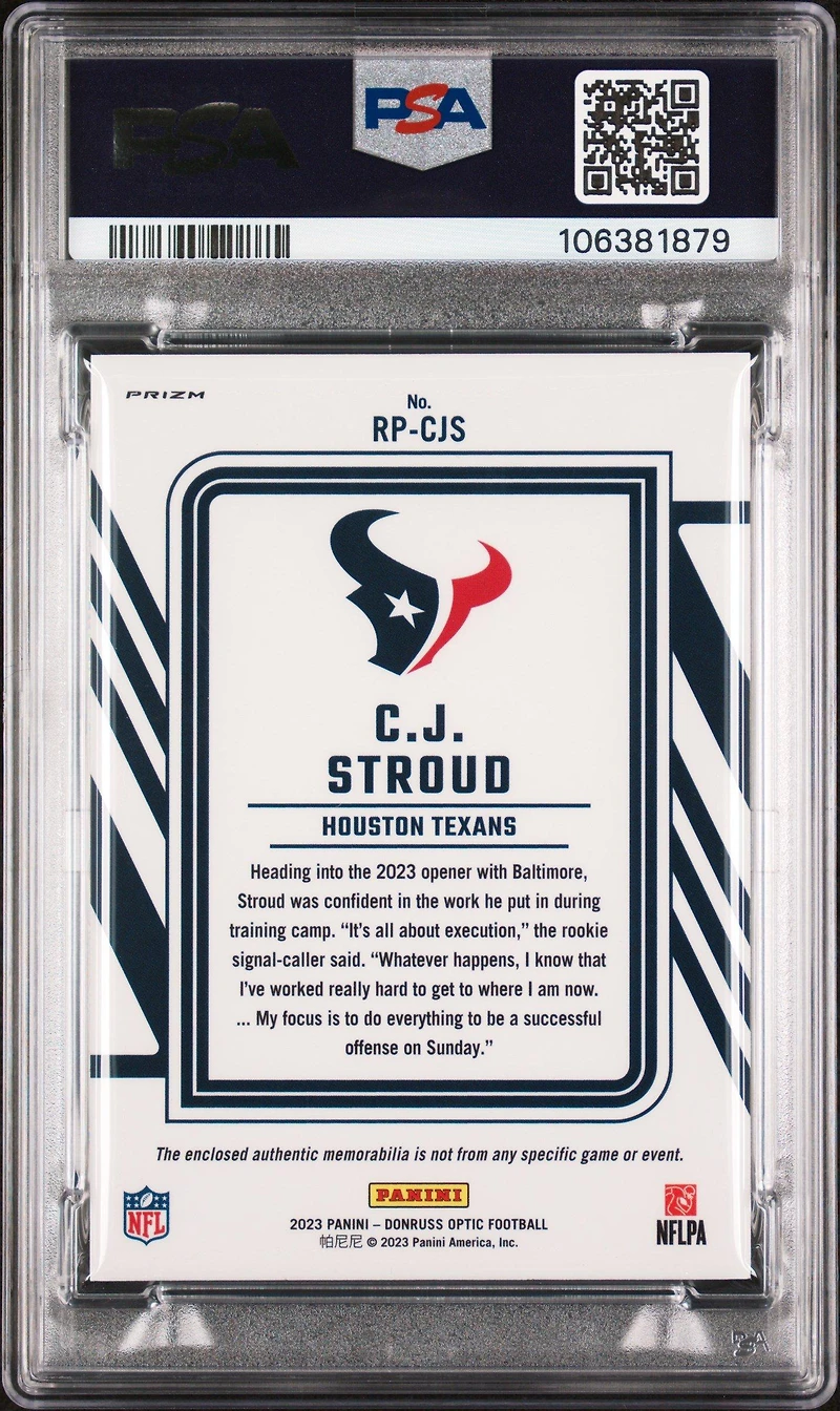 2023 Panini Donruss Optic Rookie Phenoms Relics Rpcjs Cj Stroud PSA 10