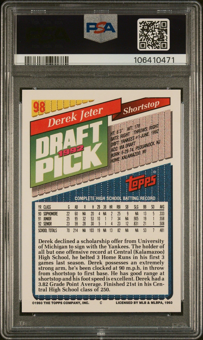 1993 Topps 98 Derek Jeter PSA