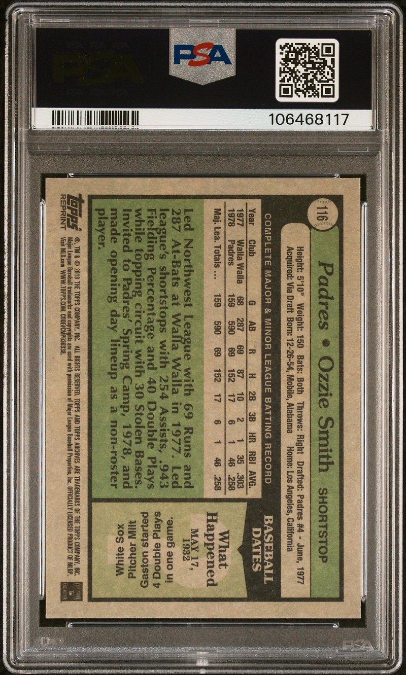 2018 Topps Archives Topps Rookie History 116 Ozzie Smith PSA 10
