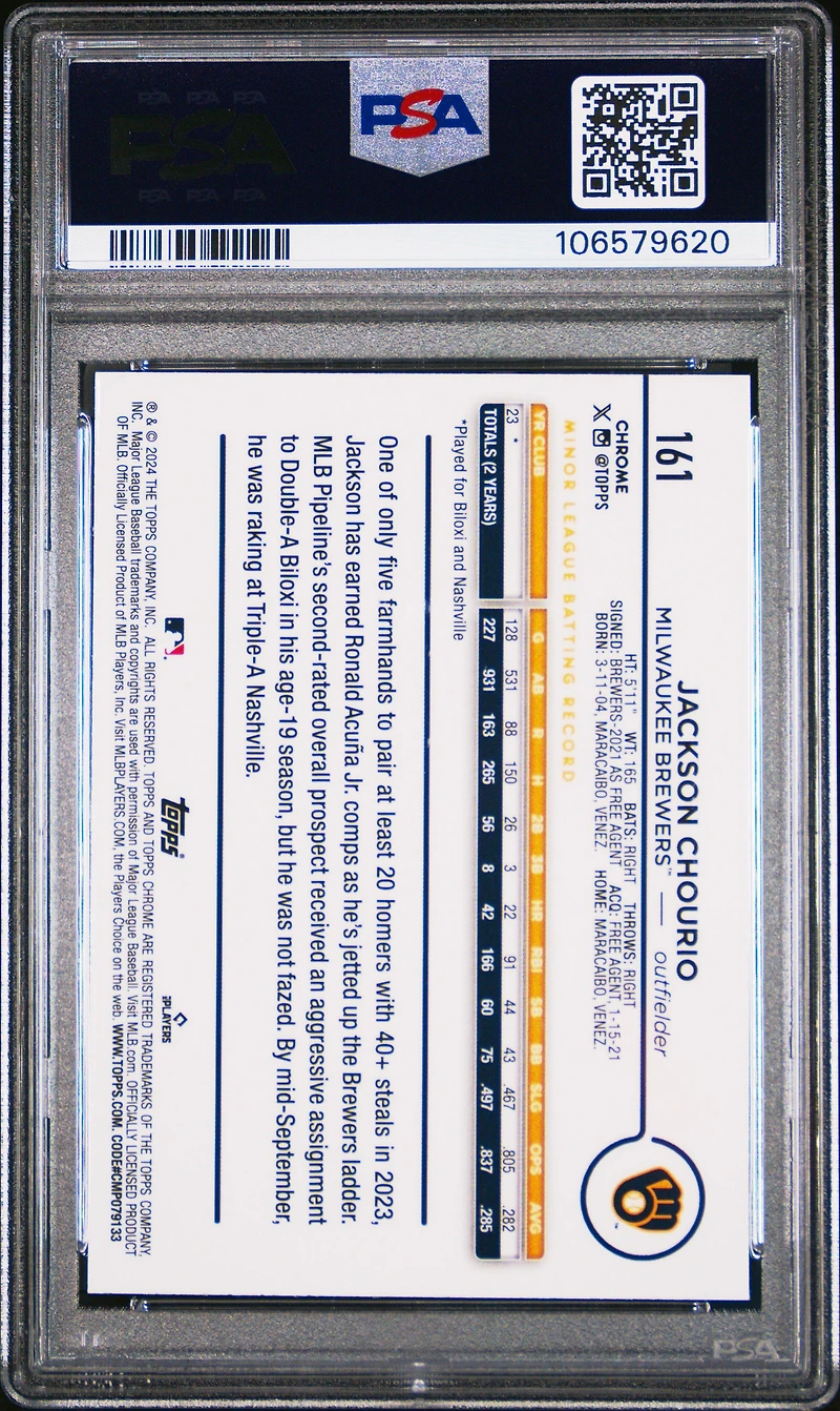 2024 Topps Chrome Logofractor Edition 161 Jackson Chourio Purple Refractor PSA 10