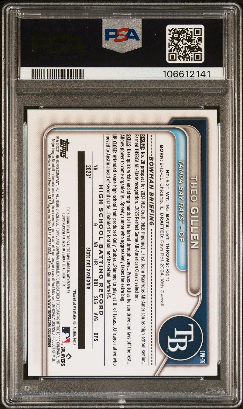 2024 Bowman Draft Sapphire Edition Chrome Sapphire Prospect Autographs Cpatg Theo Gillen Green PSA 10
