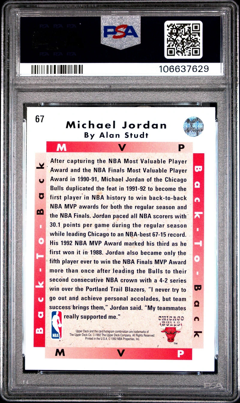 1992 Upper Deck 67 Michael Jordan Mvp PSA 9