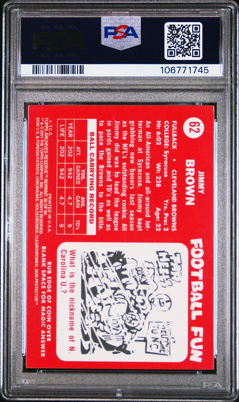 2001 Topps Archives Reserve 38 Jimmy Brown PSA 9