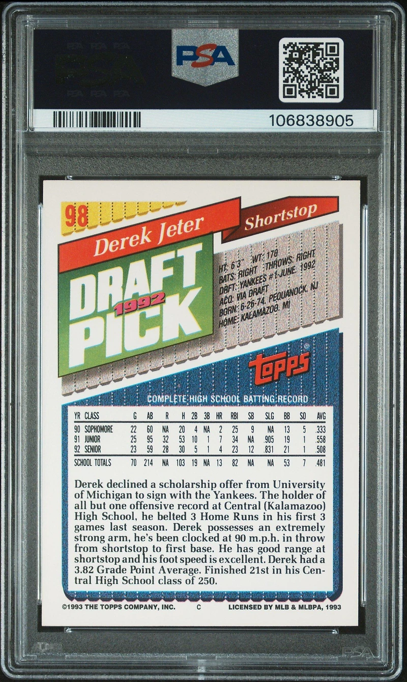 1993 Topps 98 Derek Jeter PSA