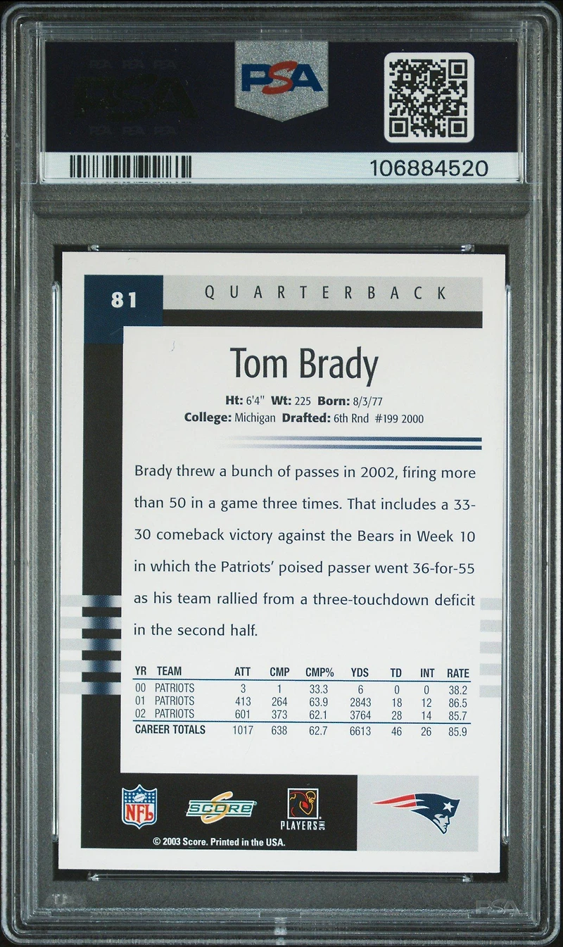 2003 Score 81 Tom Brady PSA 10
