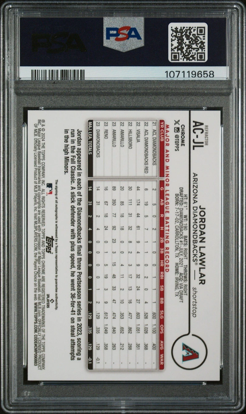 2024 Topps Chrome Update Chrome Baseball Update Series Autographs Acjl Jordan Lawlar Refractor PSA 10