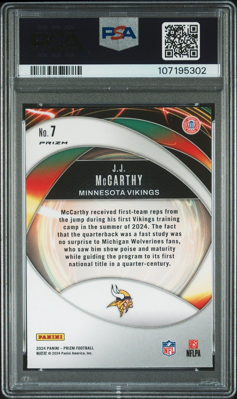 2024 Panini Prizm Portals 7 Jj Mccarthy Green Prizm PSA 10