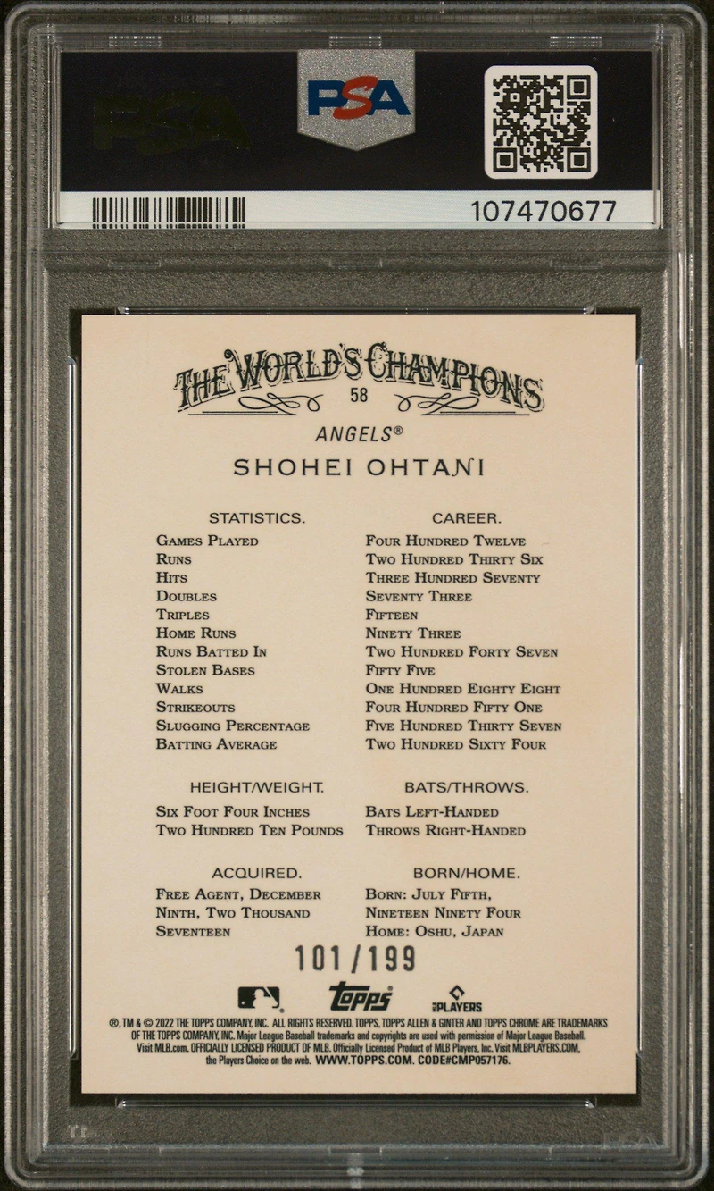 2022 Topps Allen & Ginter Chrome 58 Shohei Ohtani Magenta Refractor PSA 10