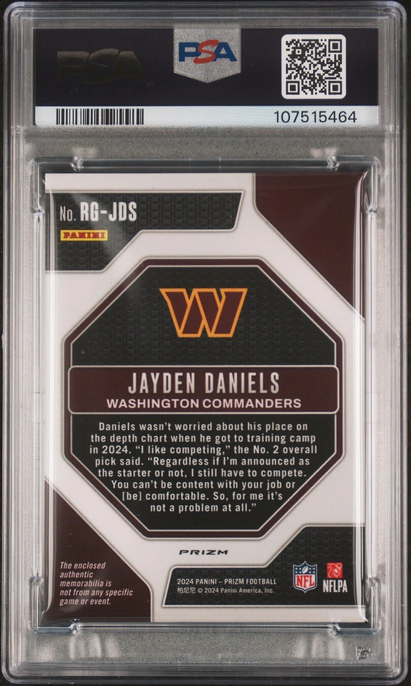 2024 Panini Prizm Rookie Gear Rgjds Jayden Daniels PSA 10