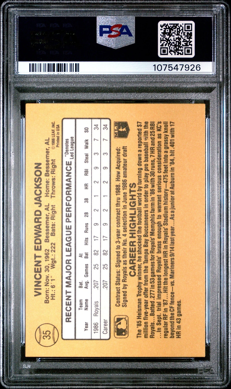 1987 Donruss 35 Bo Jackson PSA 9