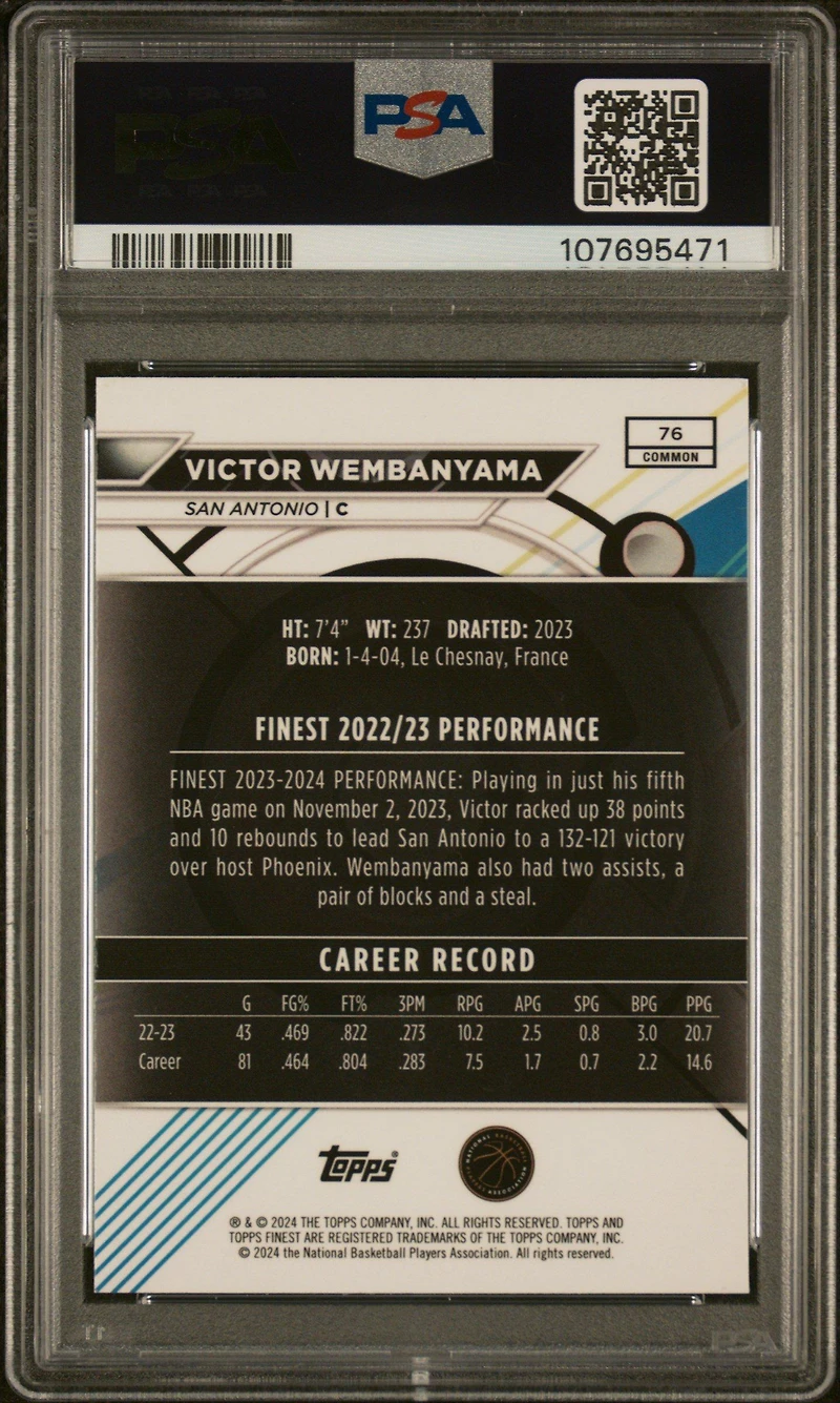 2023 Topps Finest 76 Victor Wembanyama PSA 10