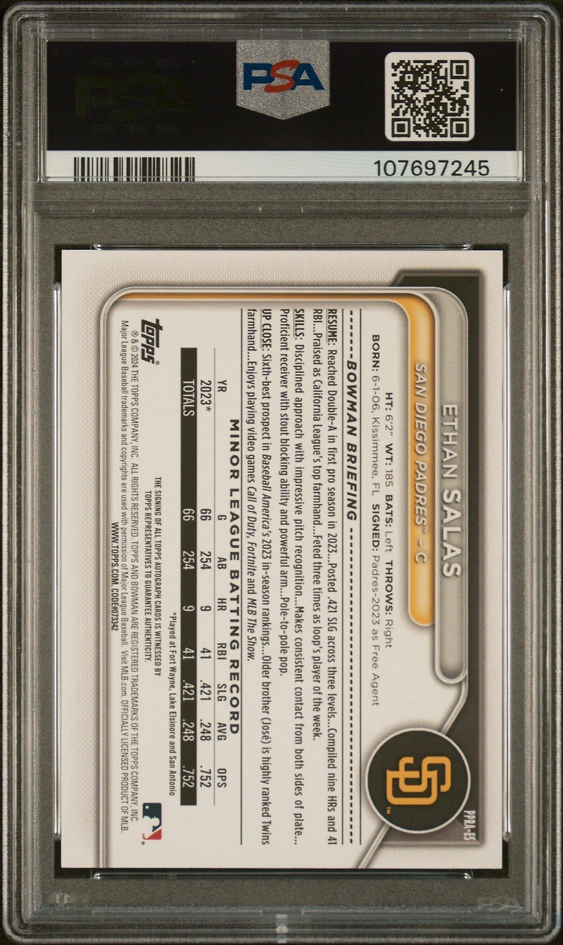 2024 Bowman Paper Prospect Autographs Es Ethan Salas PSA 10