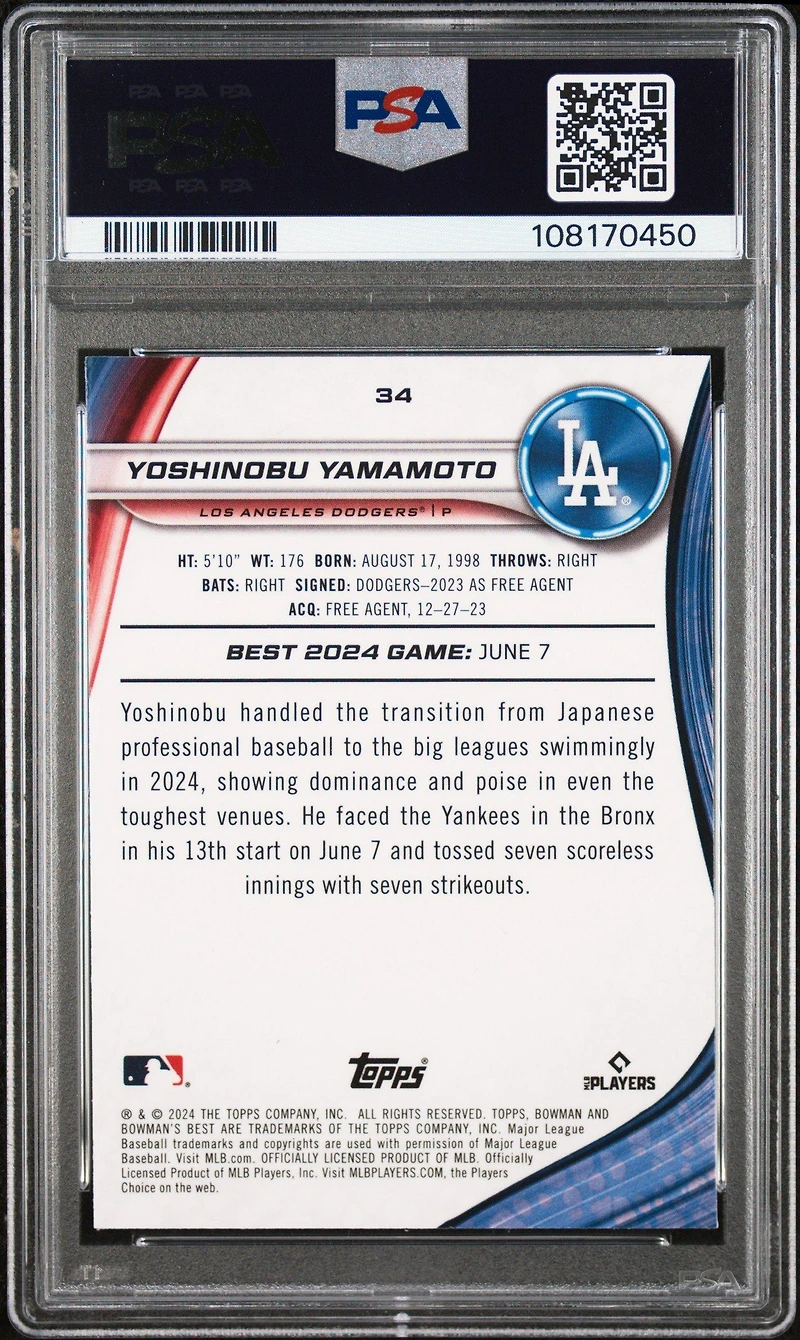 2024 Bowman's Best 34 Yoshinobu Yamamoto PSA 10