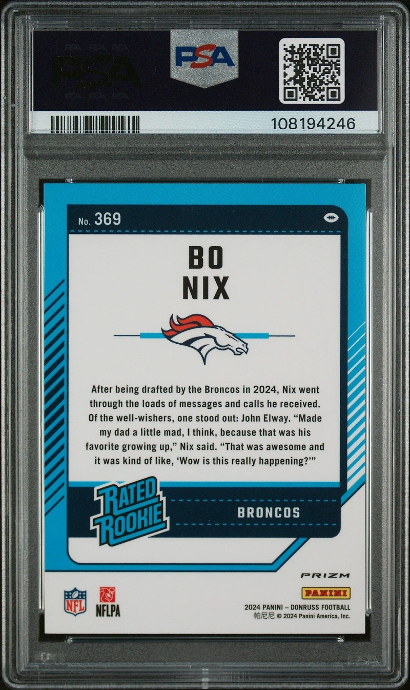2024 Panini Donruss 369 Bo Nix Optic Preview-red & Green PSA 10