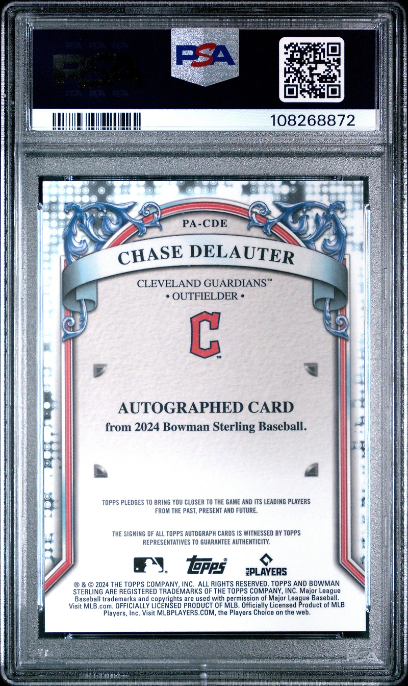 2024 Bowman Sterling Prospect Autographs Pacde Chase Delauter Speckle Refractor PSA 10
