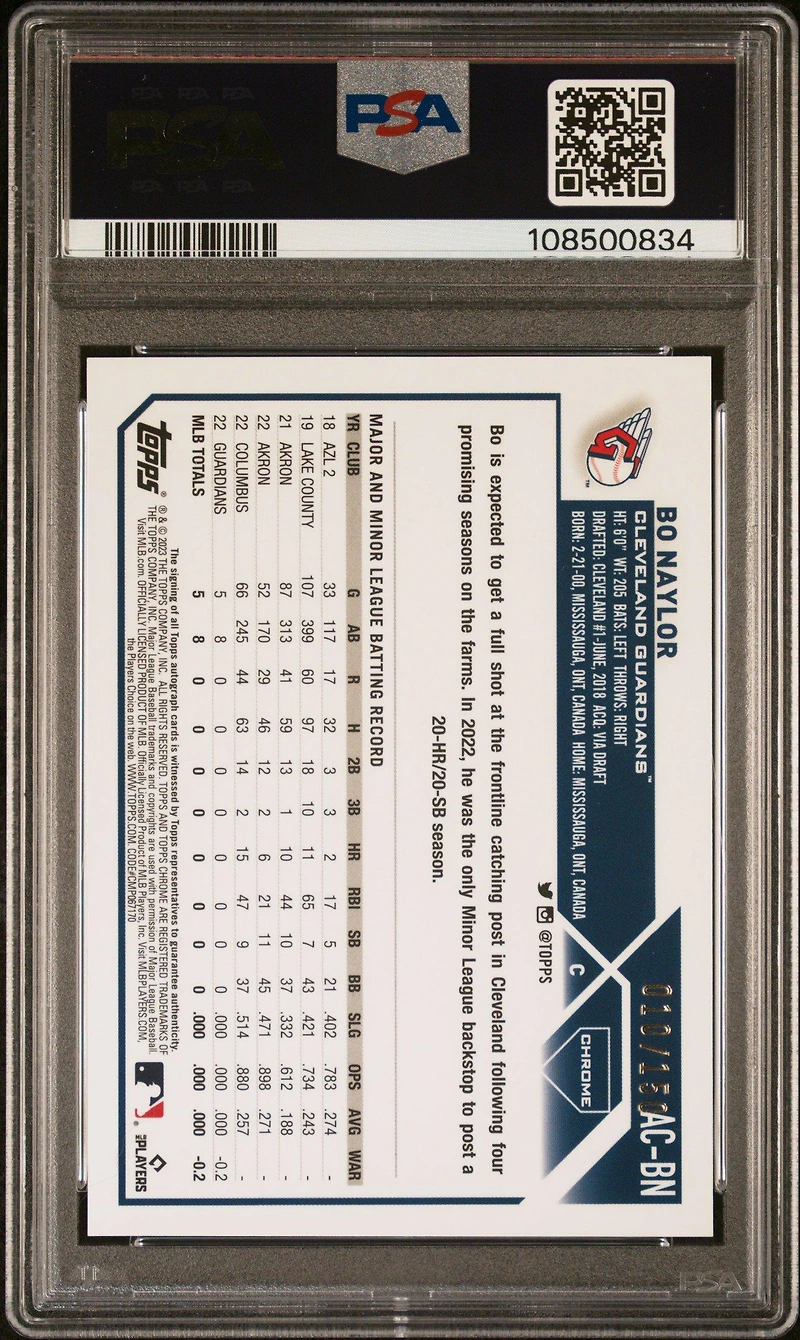 2023 Topps Chrome Update Autograph Acbn Bo Naylor Blue Raywave Refractor PSA 10