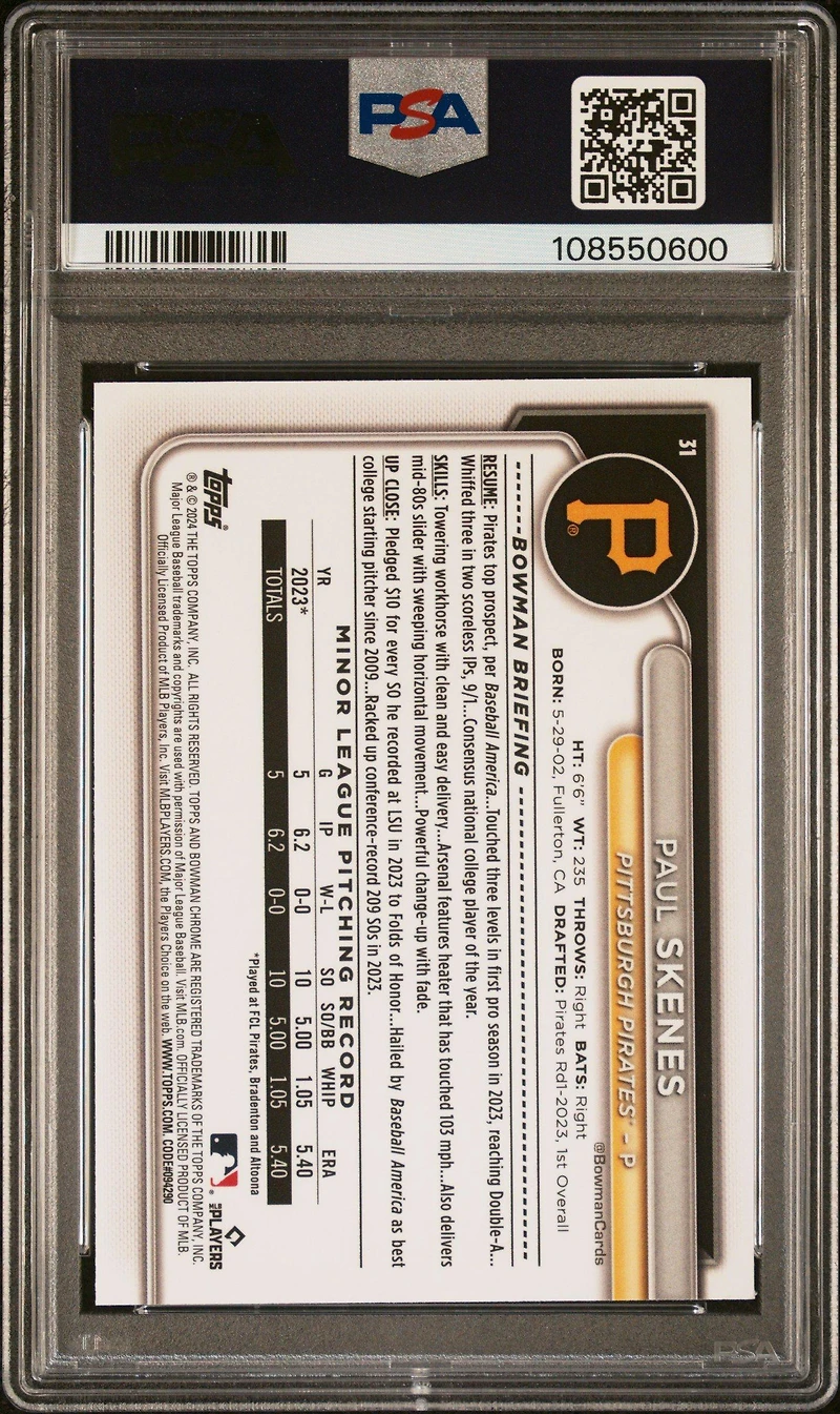 2024 Bowman Chrome Mega Box 31 Paul Skenes PSA 10
