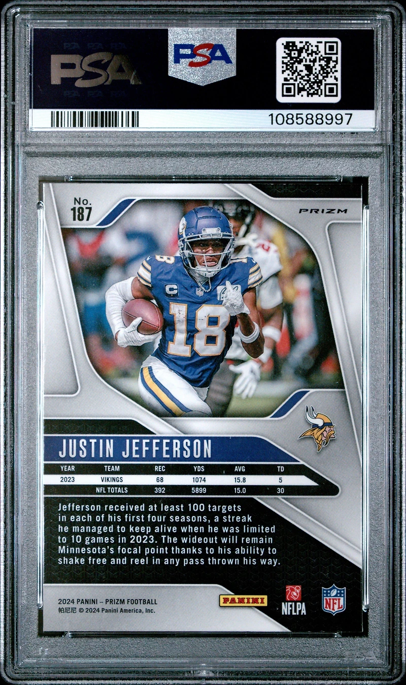 2024 Panini Prizm 187 Justin Jefferson Silver Prizm PSA 10