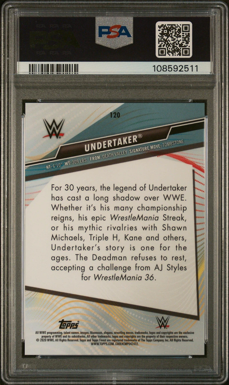 2020 Topps Wwe Finest 120 Undertaker Red Refractor PSA 10
