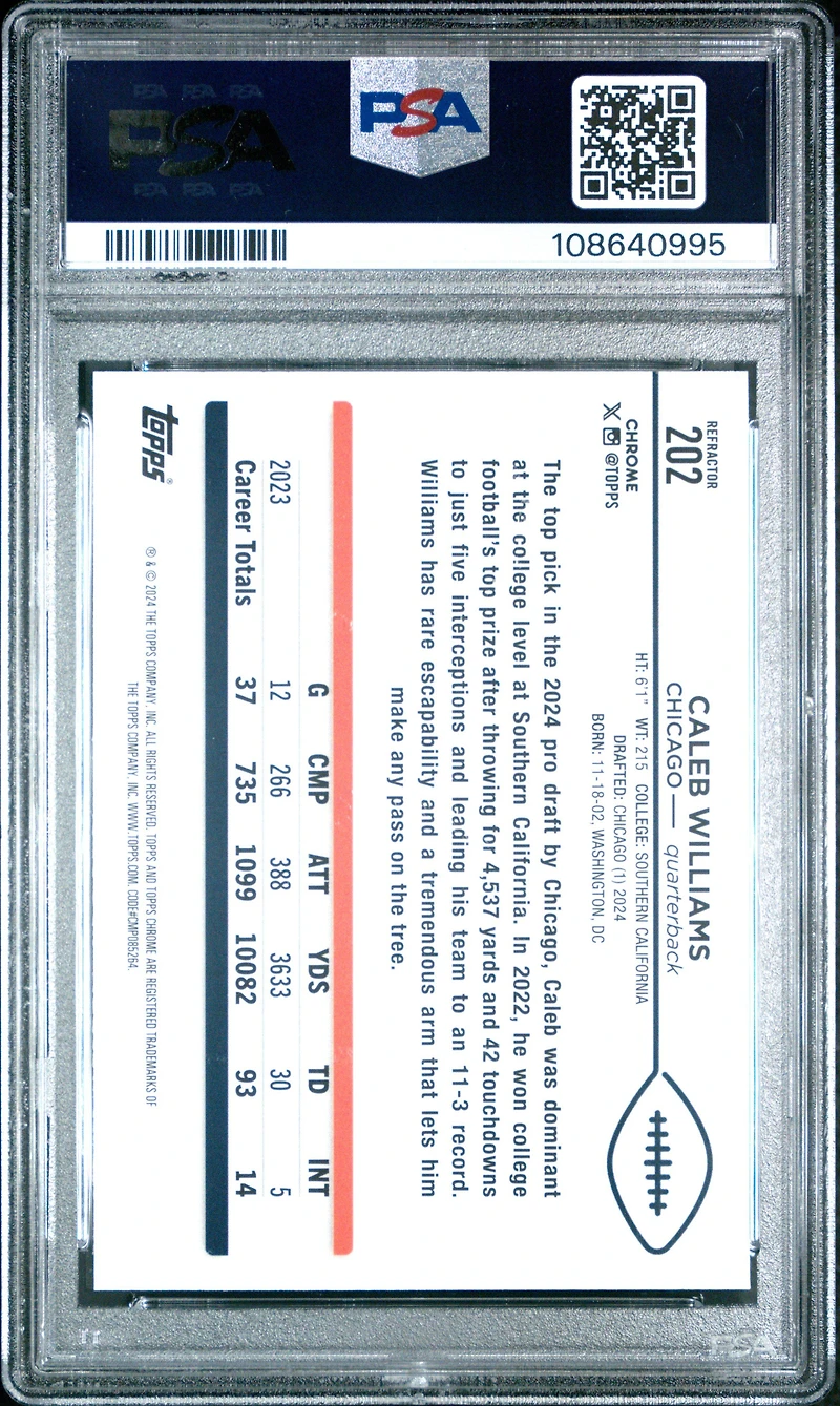 2024 Topps Chrome 202 Caleb Williams Refractor PSA 10