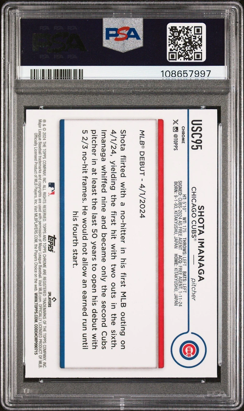 2024 Topps Chrome Update Usc95 Shota Imanaga X-fractor PSA 10