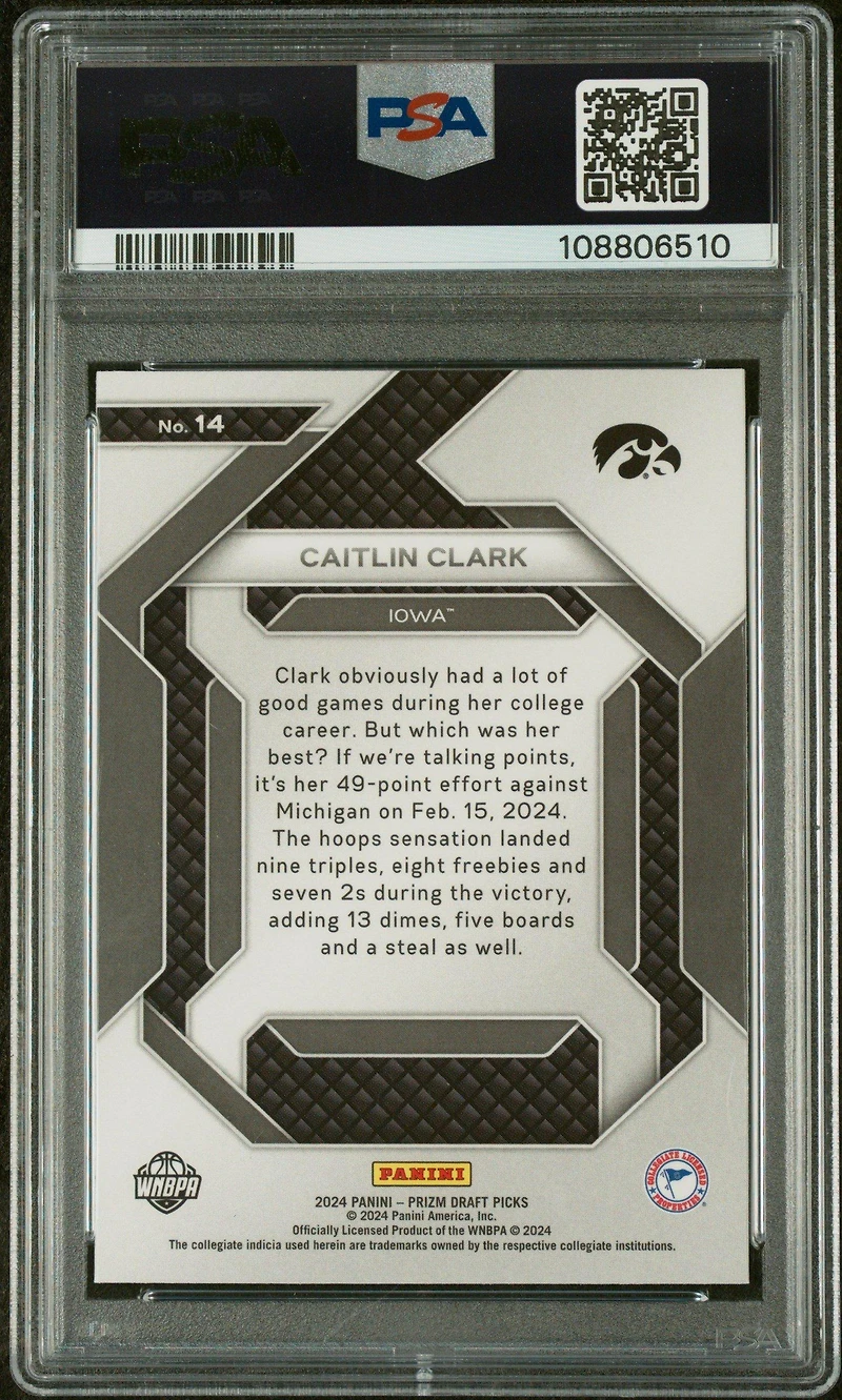 2024 Panini Prizm Draft Picks New Recruits 14 Caitlin Clark PSA