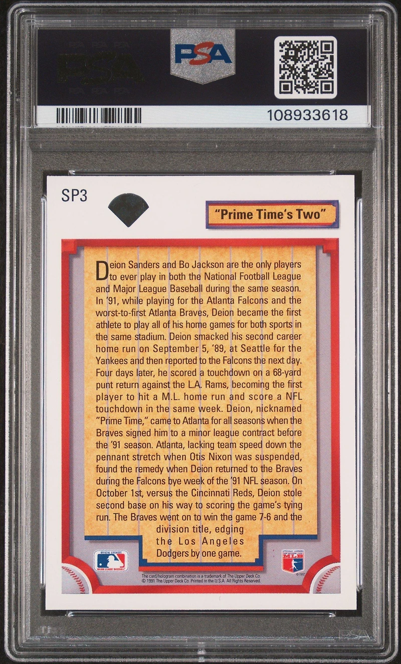 1992 Upper Deck Sp3 Deion Sanders "prime Time's Two" PSA 9