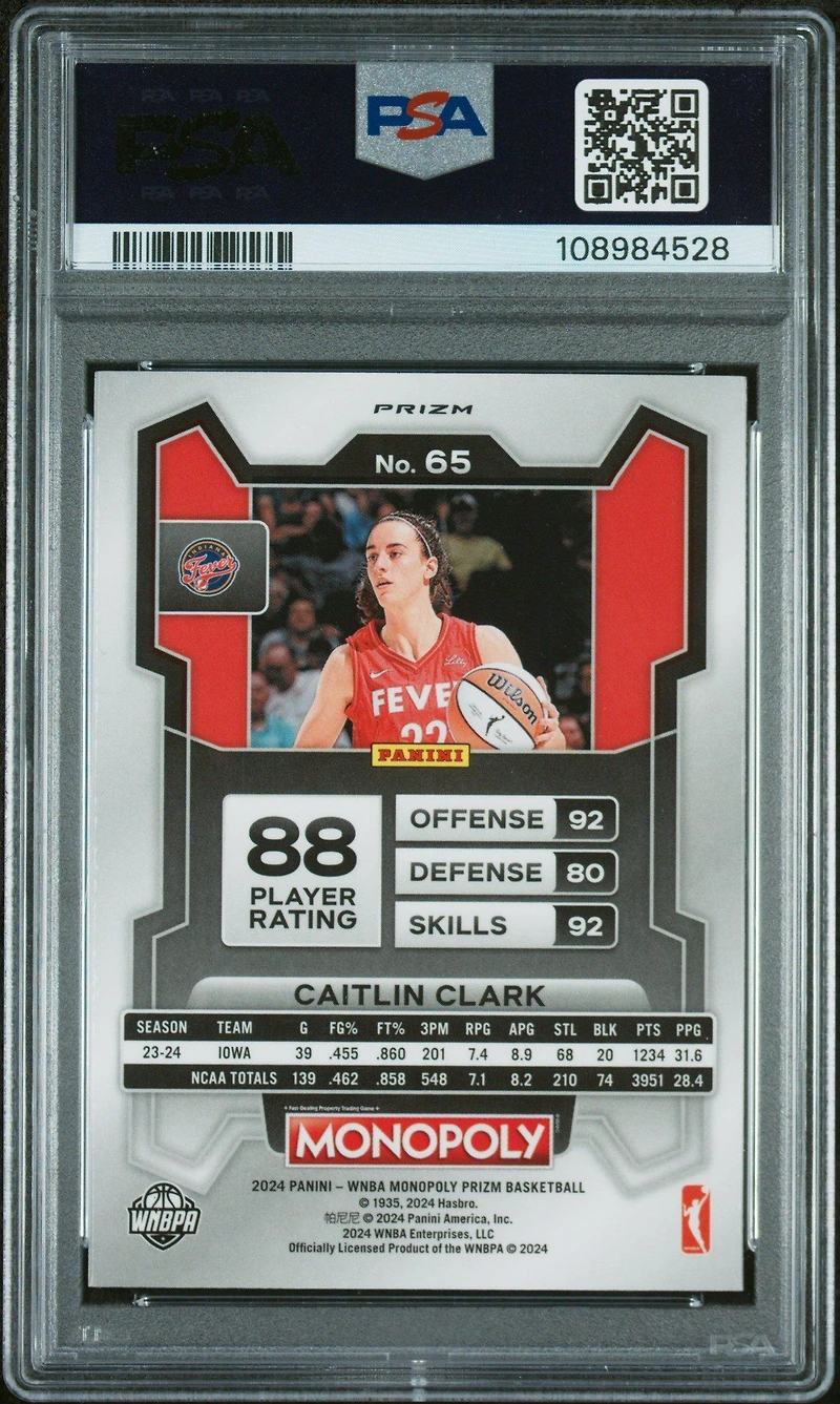 2024 Panini Prizm Monopoly Wnba 65 Caitlin Clark Silver Prizm PSA