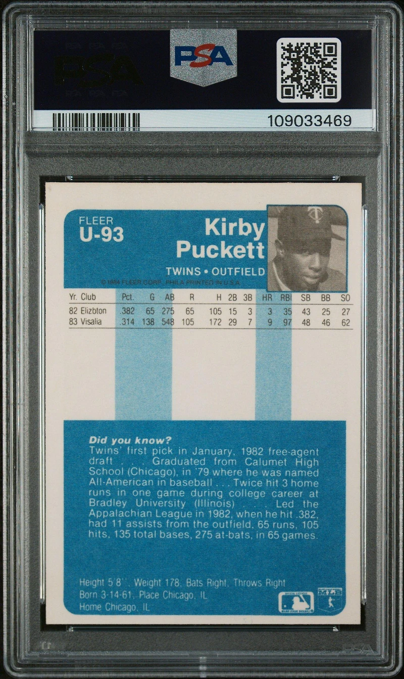 1984 Fleer Update U-93 Kirby Puckett PSA
