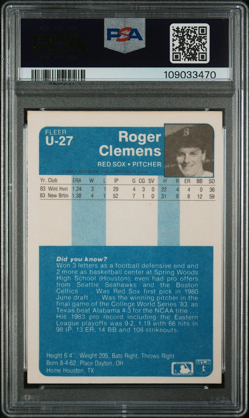 1984 Fleer Update U-27 Roger Clemens PSA 8
