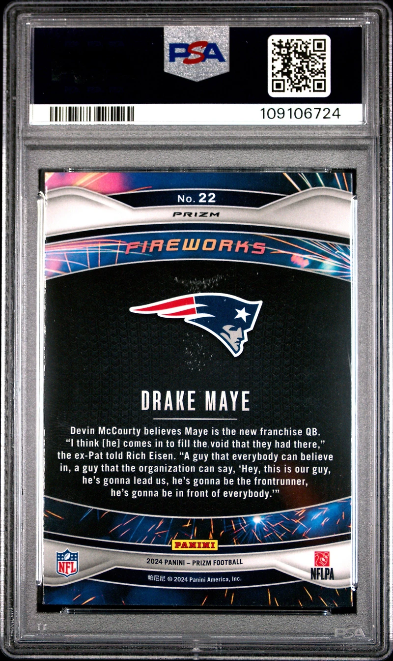 2024 Panini Prizm Fireworks 22 Drake Maye Green Ice PSA 10