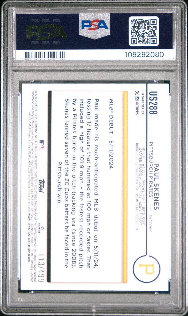 2024 Topps Update Us288 Paul Skenes Green Crackle Foil Board PSA 10