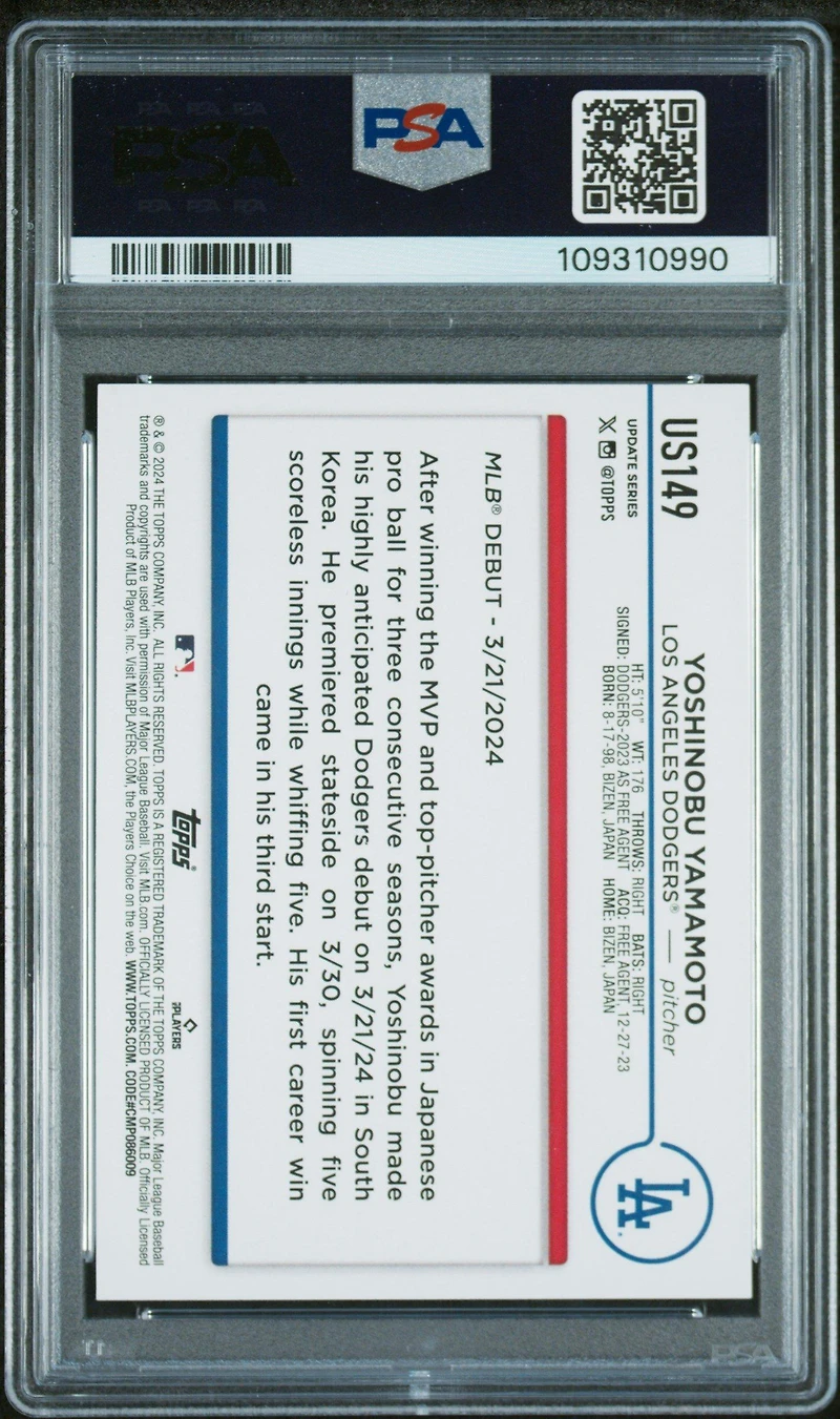 2024 Topps Update Us149 Yoshinobu Yamamoto Aqua PSA 10