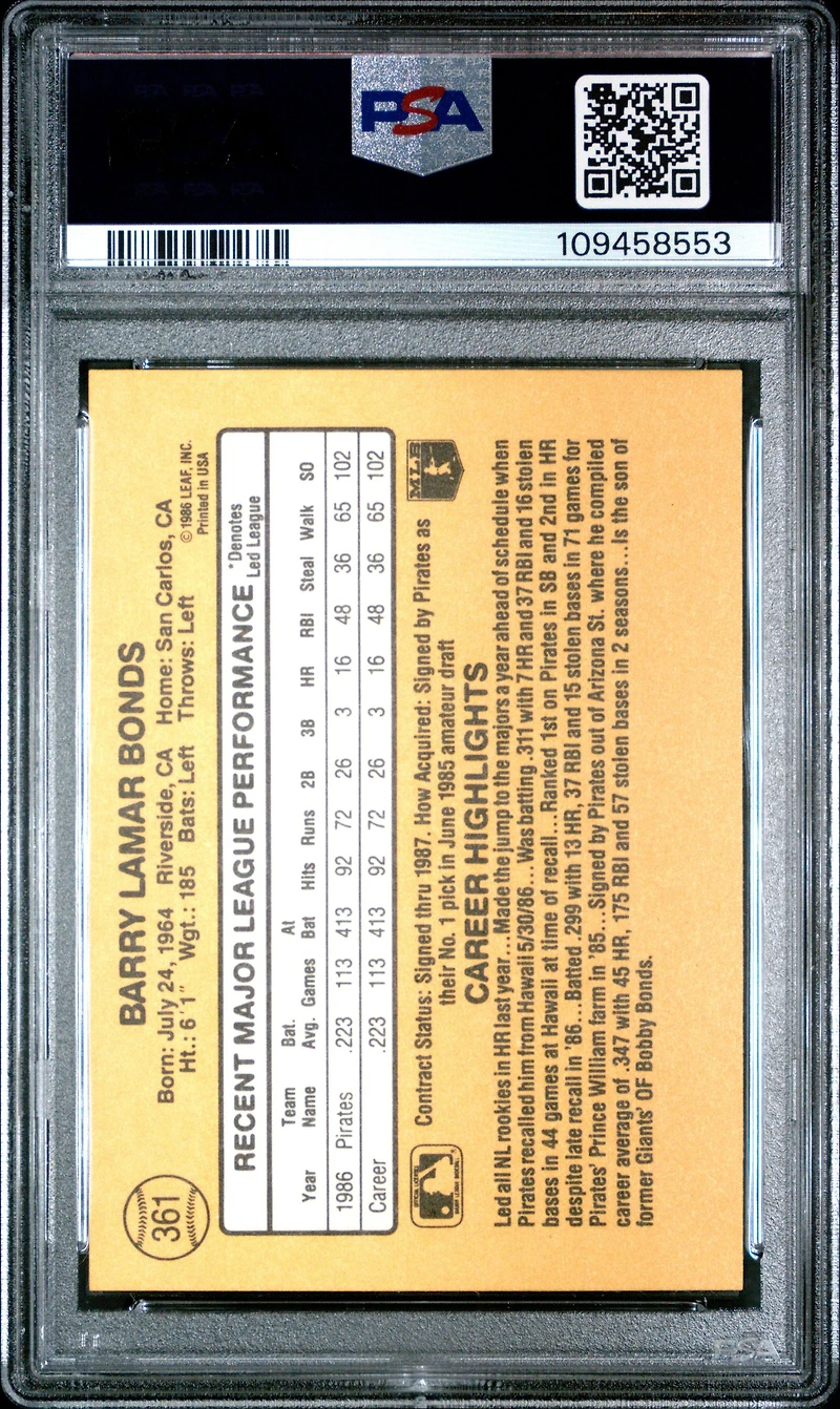 1987 Donruss 361 Barry Bonds PSA