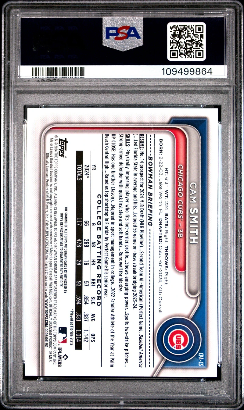 2024 Bowman Draft Chrome Prospect Autographs Cpacs Cam Smith PSA 10