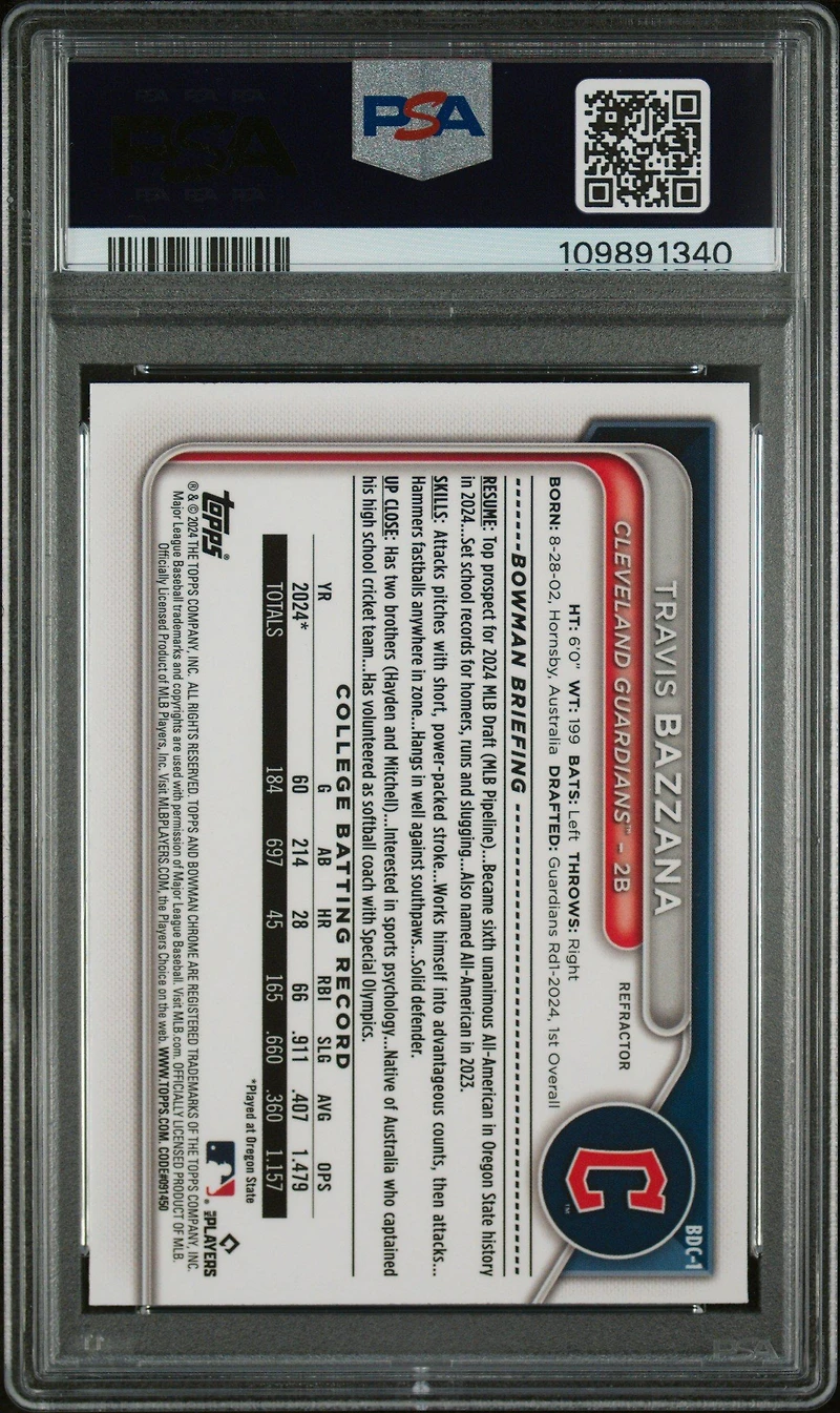 2024 Bowman Draft Bdc1 Travis Bazzana Chrome-refractor PSA 9