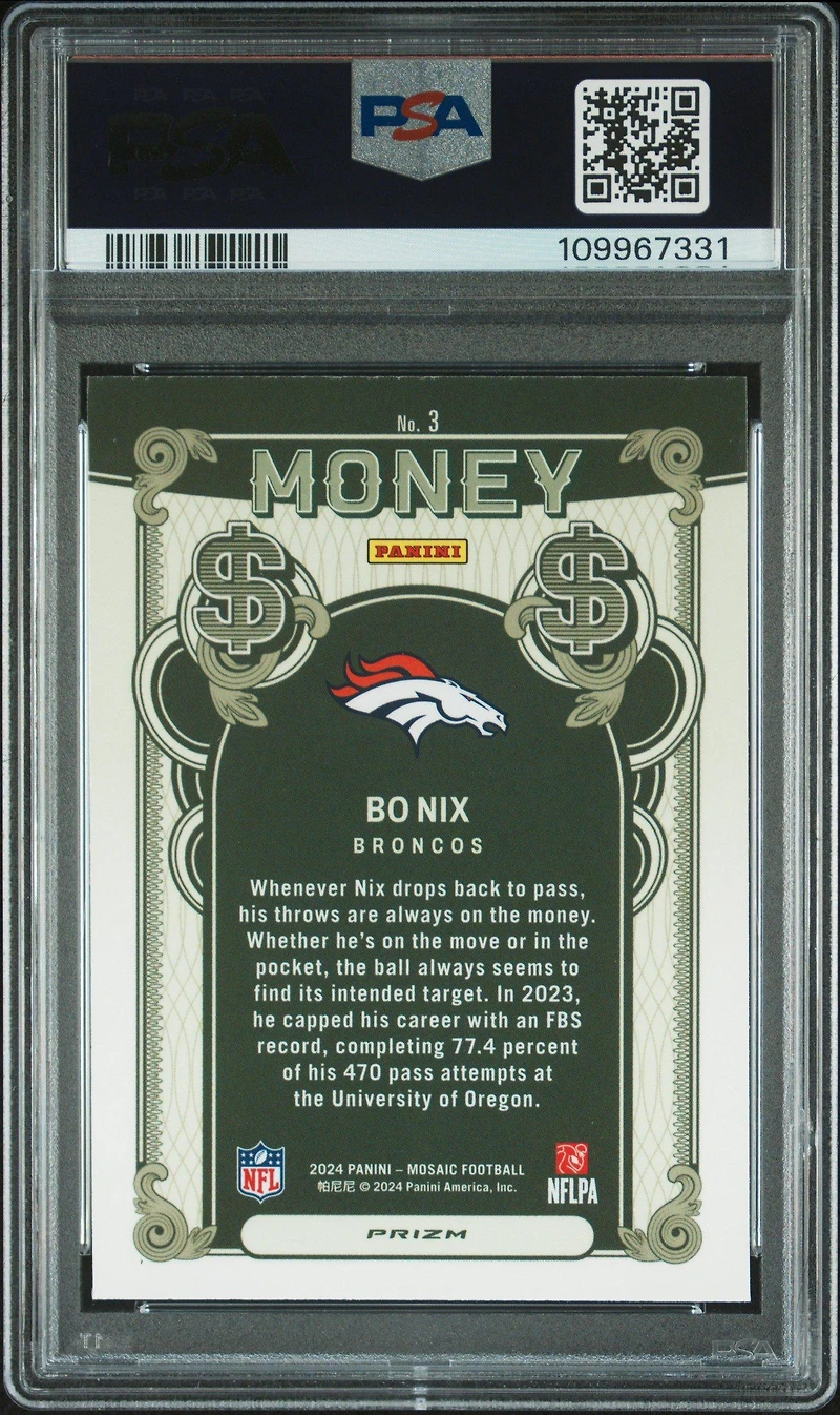 2024 Panini Mosaic Money 3 Bo Nix PSA 10