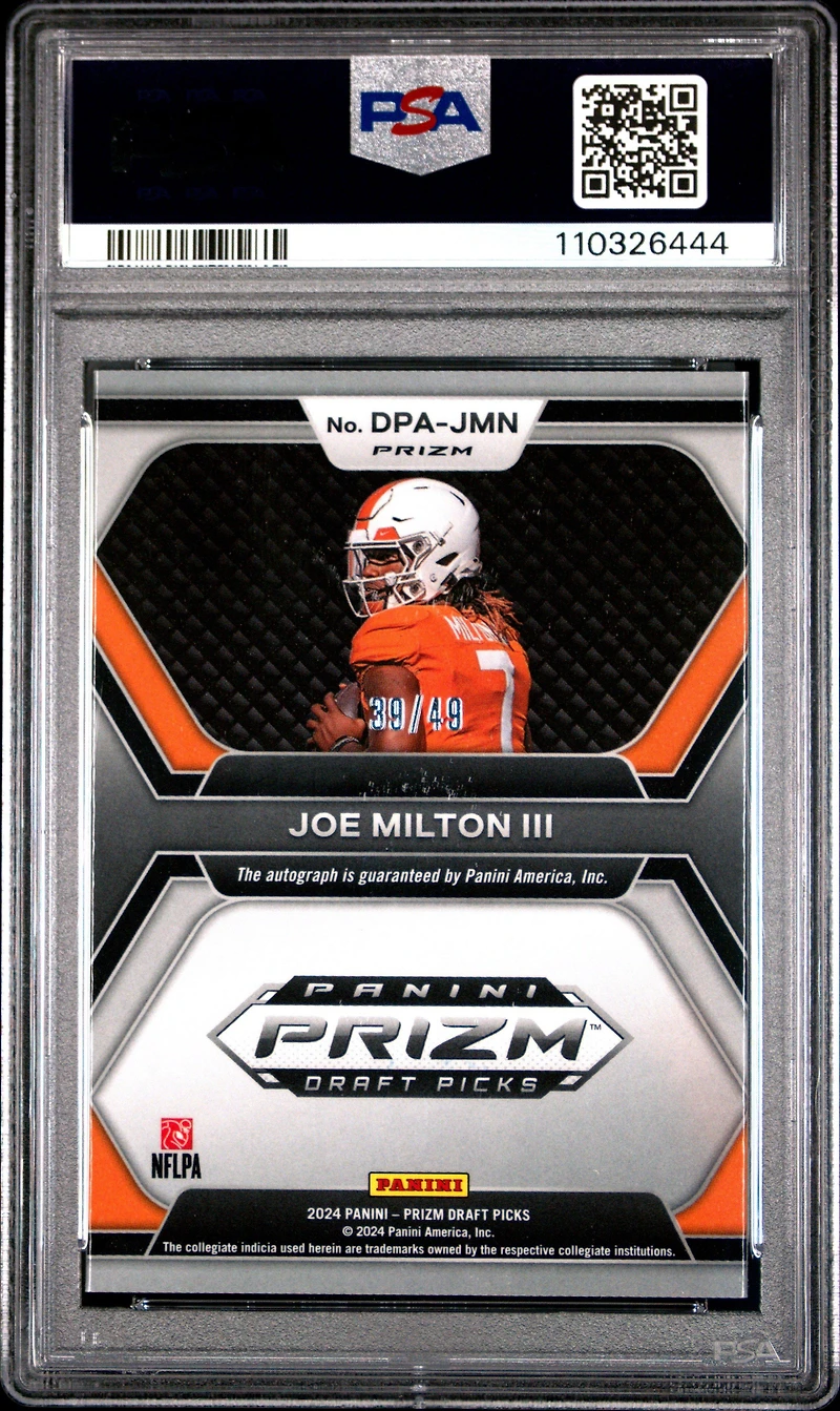 2024 Panini Prizm Draft Picks Draft Picks Autographs Dpajmn Joe Milton Iii Orange Pulsar PSA 10