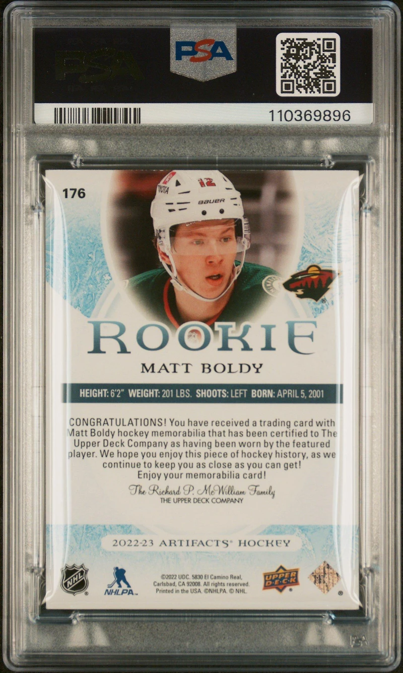2022 Upper Deck Artifacts 176 Matt Boldy Horizontal Material PSA 10