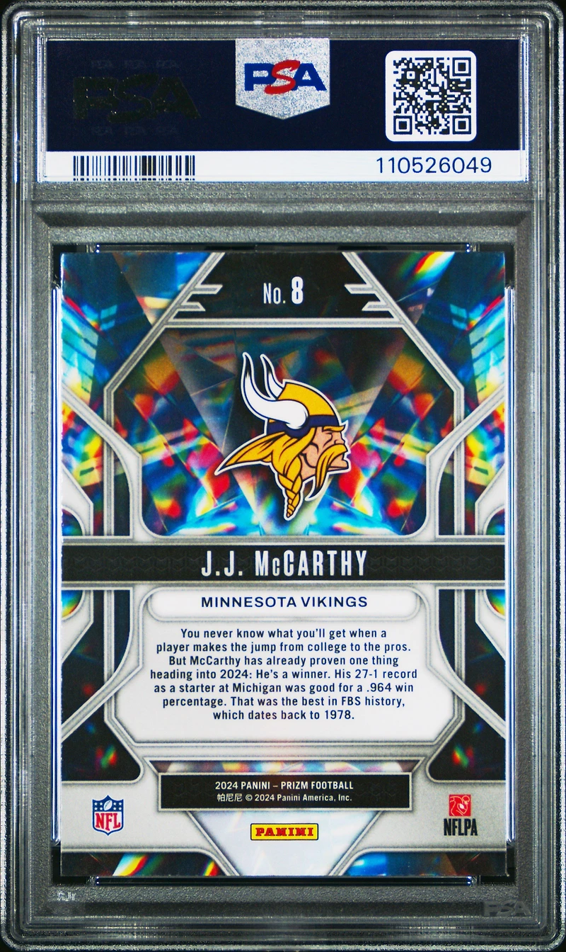 2024 Panini Prizm Prizmatic 8 Jj Mccarthy PSA 10