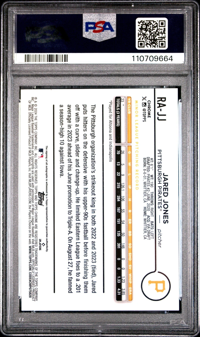 2024 Topps Chrome Update Chrome Baseball Update Series Autographs Rajj Jared Jones Purple Refractor PSA 10