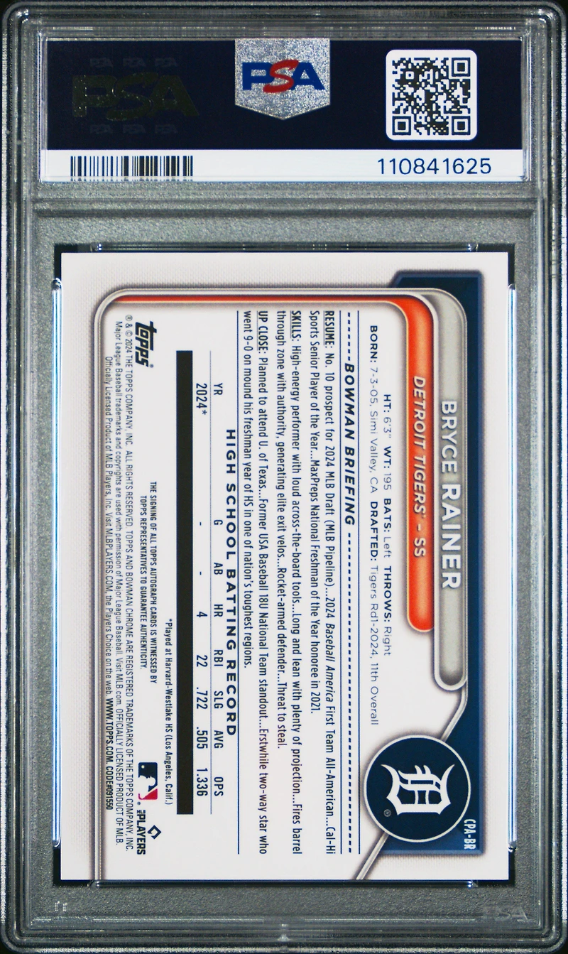 2024 Bowman Draft Chrome Prospect Autographs Cpabr Bryce Rainer PSA 9