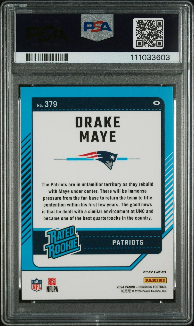 2024 Panini Donruss 379 Drake Maye Optic Preview-red & Green PSA 9