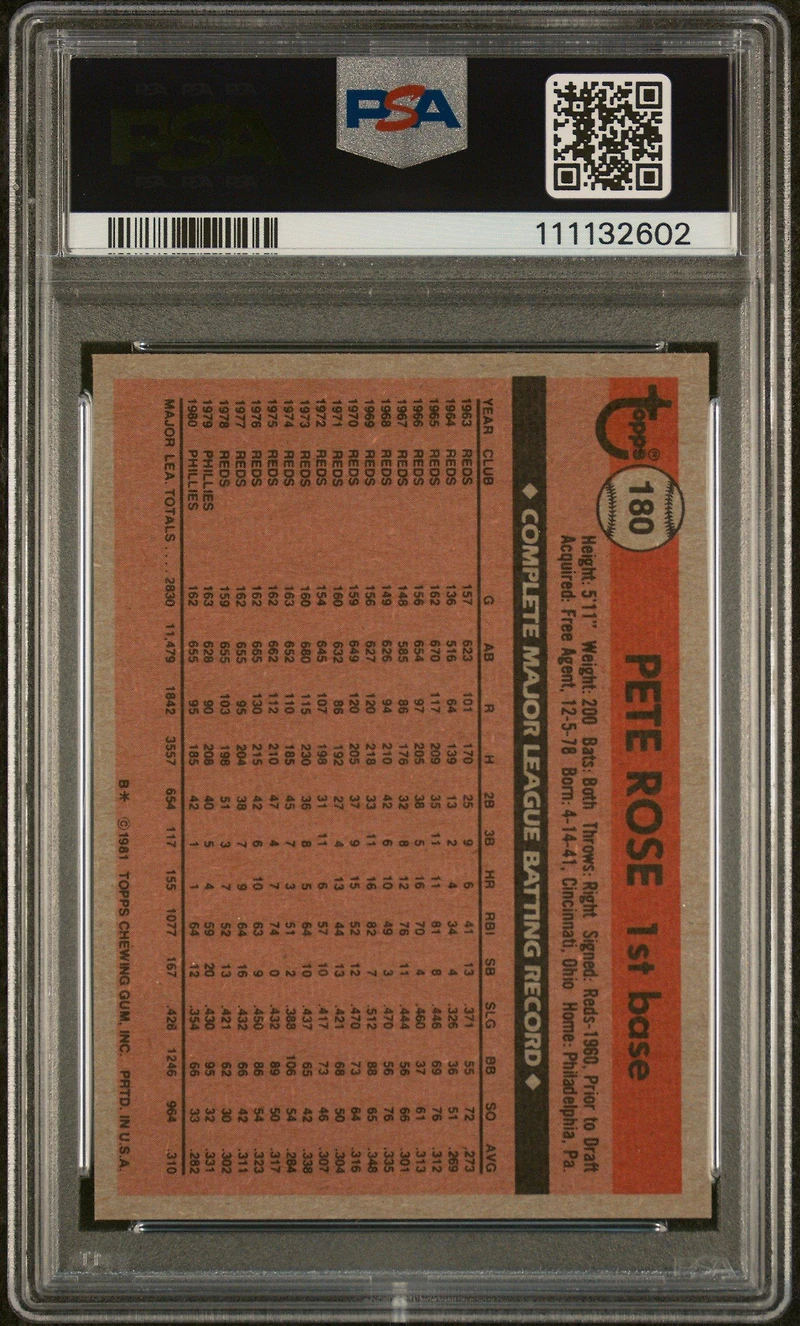 1981 Topps 180 Pete Rose PSA 9
