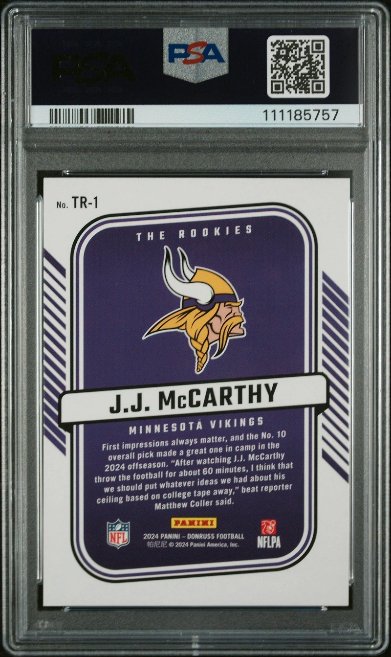 2024 Panini Donruss The Rookies Tr1 Jj Mccarthy PSA 10