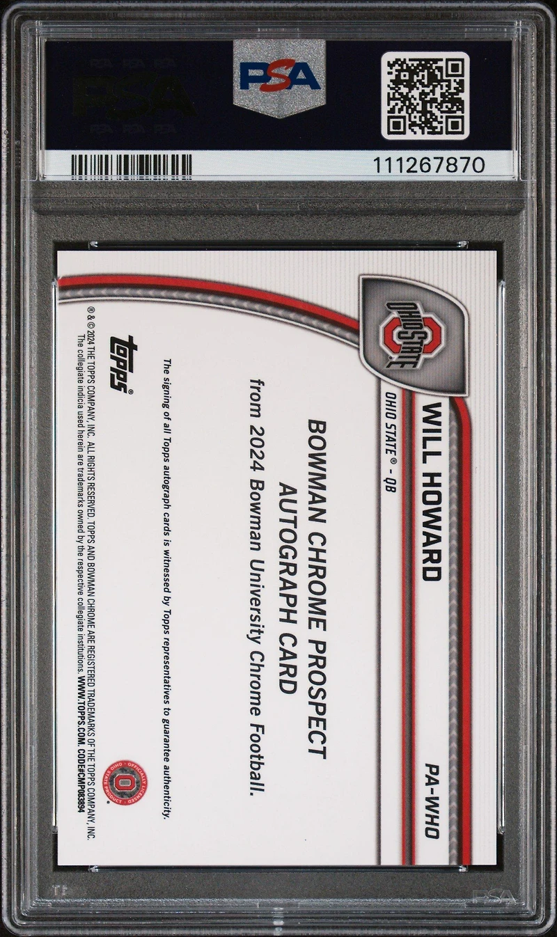 2024 Bowman University Chrome Bowman Chrome Prospect Autographs Pawho Will Howard PSA 10